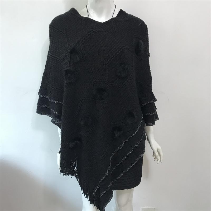 Causal Fashion Women Knitted Batwing Cape Tassels Poncho Cloak Ladies Fur Ball Sweater Outwear