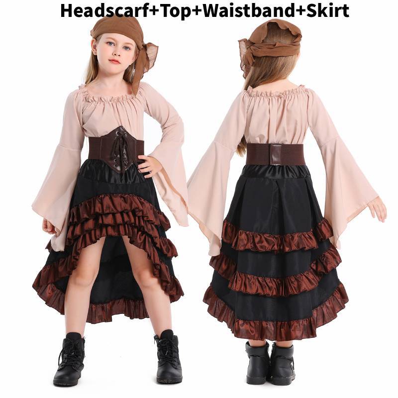 Středověký pirátský rodinný kostýmový set s volánovými dlouhými šaty pro Halloween Cosplay