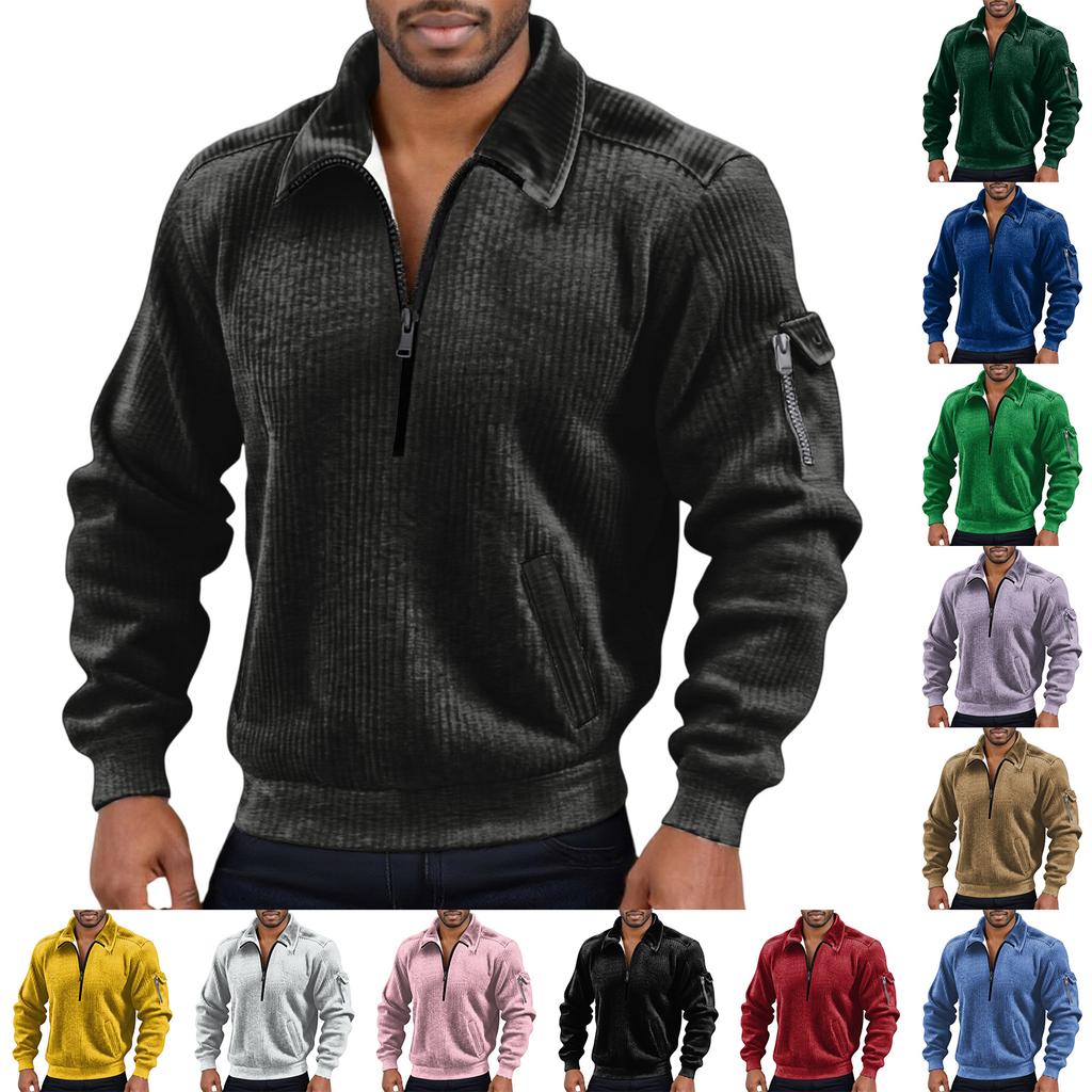 Men's Solid Color Corduroy Zipper Neck Long Sleeve Top Men's Casual Lapel Top