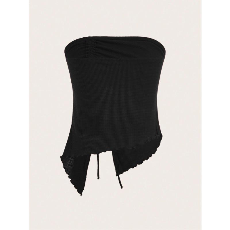 Women European Style Drawstring Irregular Slit Waffle Fitted Strapless Tube Crop Top