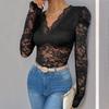 Solid Color Jumpsuit Long Sleeve Sexy Lace Patchwork Women's Bodysuit
