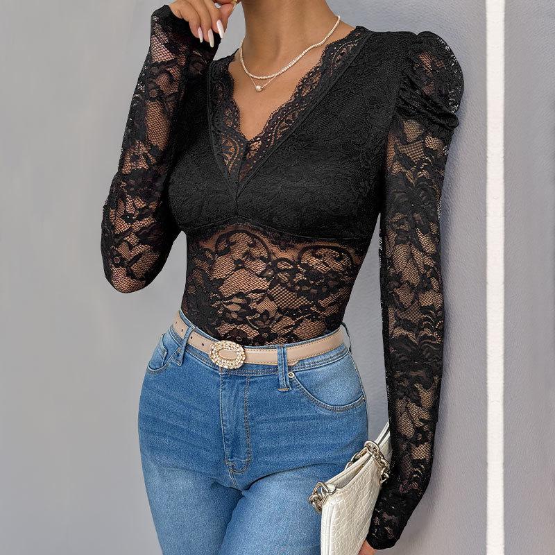 Solid Color Jumpsuit Long Sleeve Sexy Lace Patchwork Women's Bodysuit