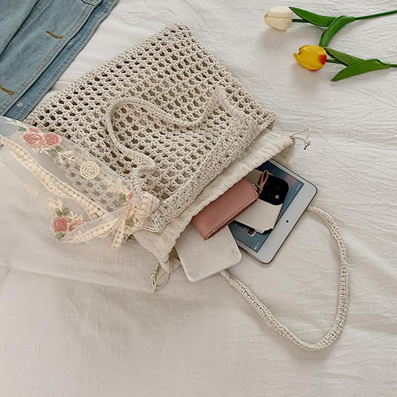 Summer Hollow Woven Shoulder Bags Women's New Casual Beach Bag Versatile Lace Design Commuting Shoulder Tote Bag AVE