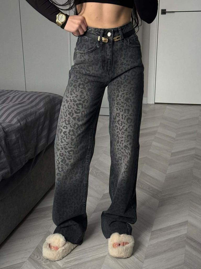 Neue Frühling Sommer Leopard Print High Waist Jeans Damen Lange Länge Lässige Raffung Hosen Damenbekleidung