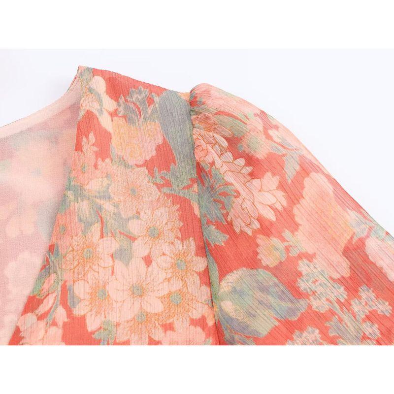 Kaslead New Women Clothes Western Style Fashion Flower Print Buckle V-neck Lantern Sleeve Short Dress
