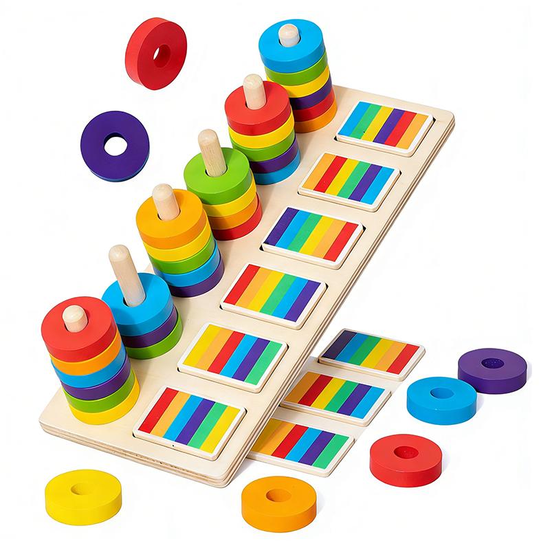Montessori Memory Training Color Matching Game Wooden Rainbow Ring Set Colors Sorting Logical Thinking Children Educational Toys