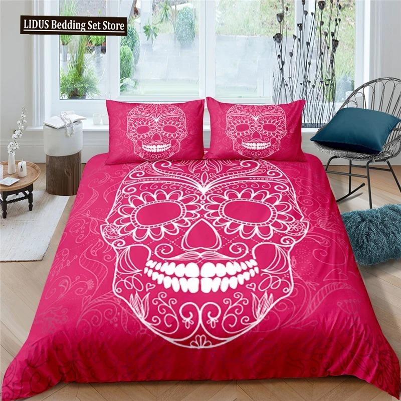 Skull Duvet Cover Queen Size Microfiber Vintage Sugar Skull Girl Day Of The Dead Bride With Dark Color Roses Graphic Bedding Set