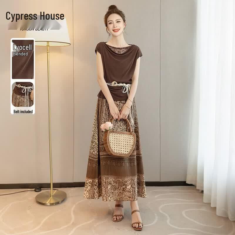 Women s Bohemian Print Lyocell Blend T-shirt & Skirt Set 2XL
