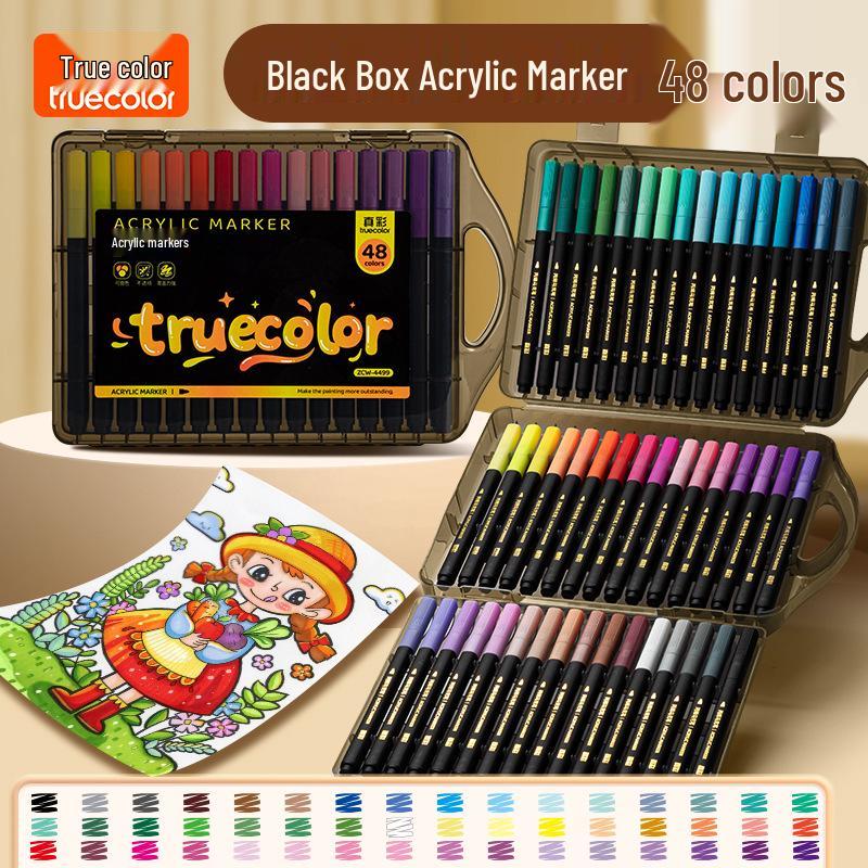 True Color Soft Tip Acrylic Markers & Drawing Brushes for Kids, Non-Bleeding, Stackable Colors, Black Box Colored Pencils