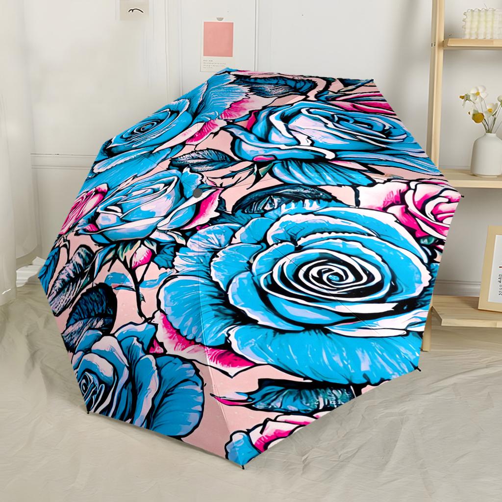 Rainbow Rose Waterdrops Outdoor Automatic Umbrella with 8 Rib Compact Design Travel Essential Fashion Lovers Gift for Festivals