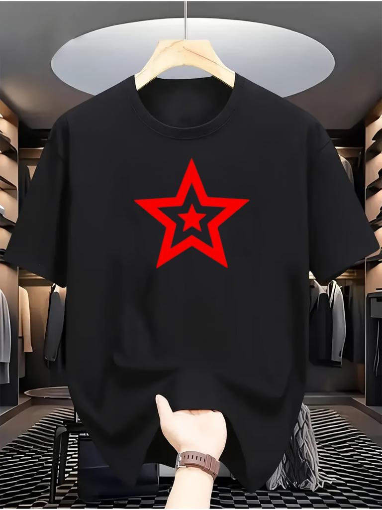 Men's & Women's 100% Cotton 220gsm Heavyweight T-Shirt - Retro Red Star Print Crew Neck Short Sleeve