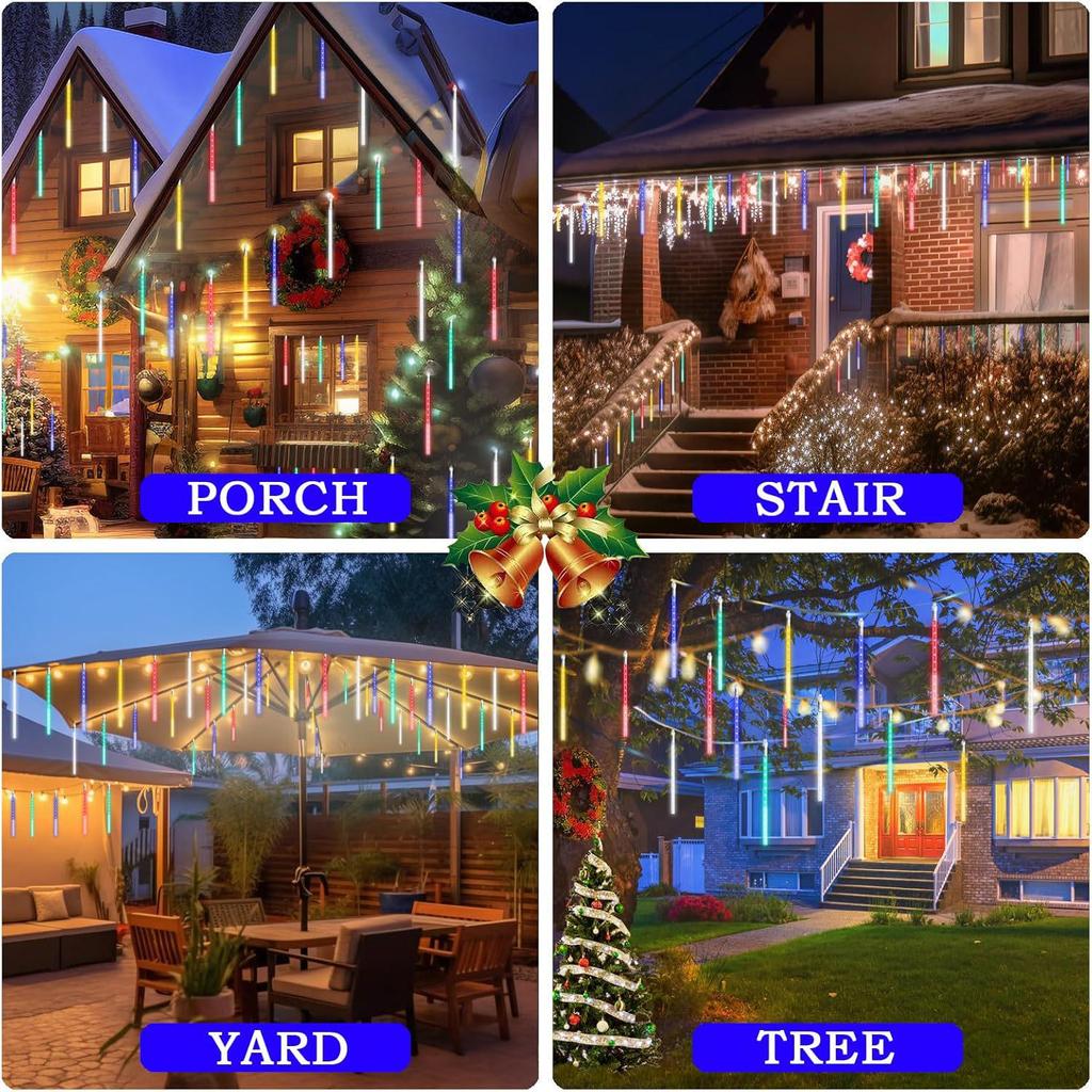 Outdoor LED Solar Meteor Shower Lights: Colorful, Waterproof Tree Decoration String for Courtyard and Holiday Hanging.
