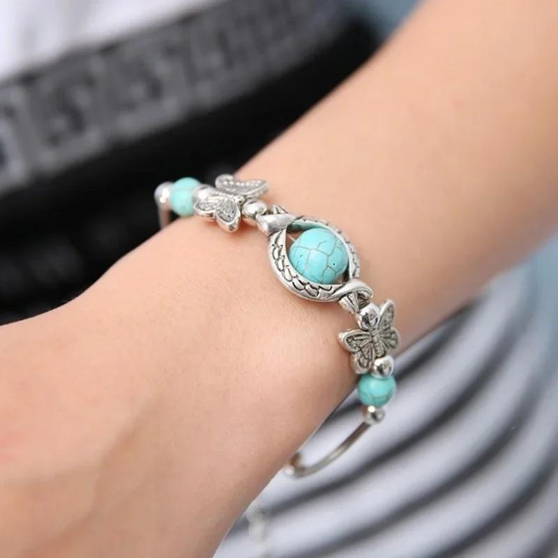 Vintage Trendy Butterfly Beaded Turquoise Hand Chain Bracelet For Women Carved Pattern Personality Adjustable Bracelet Jewelry Gifts