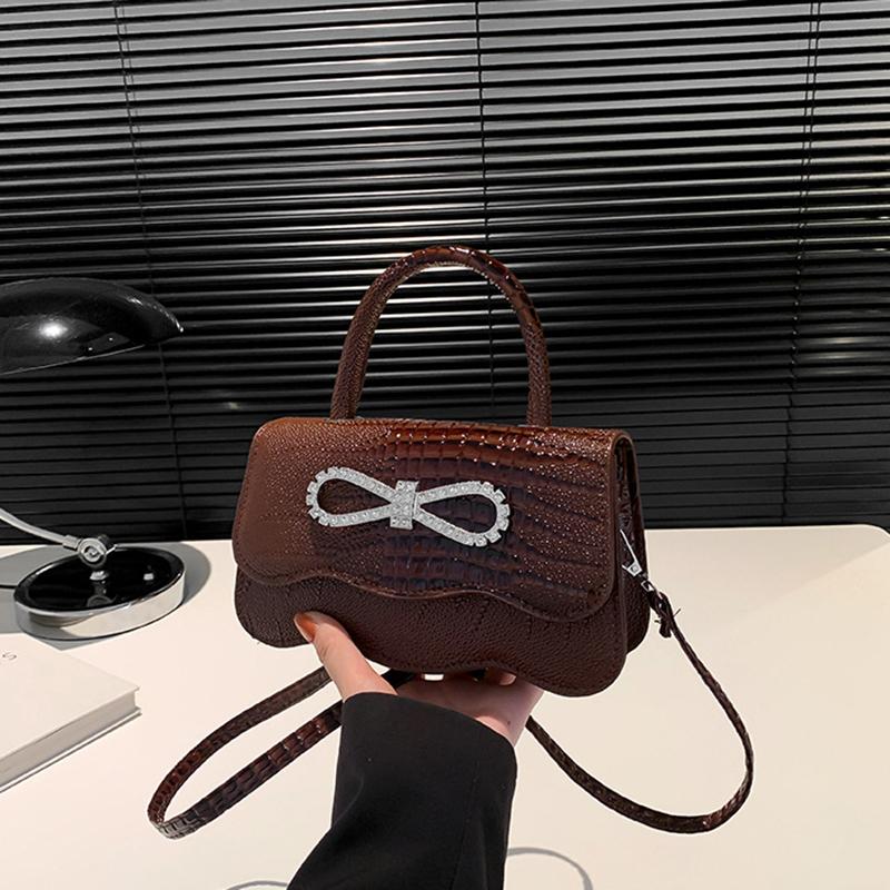 PU Leather Alligator Pattern Small Square Handbag Bow Design Women's Solid Color Fashion Shoulder Crossbody Bag AVE