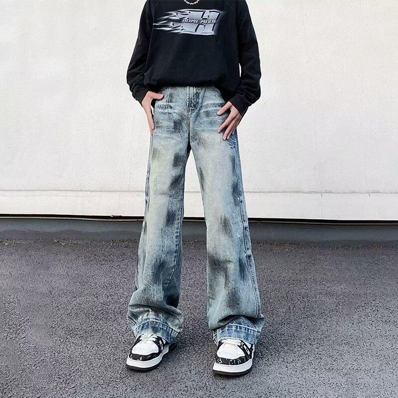 Hong Kong style new retro washed straight jeans men's street loose wide-leg trousers mid-waist trendy brand
