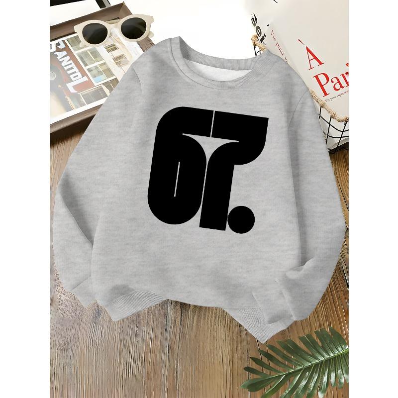 Kids Unisex Crewneck Sweatshirt, Minimalist Bold Black Number 67 Dot Print Soft Fleece Long Sleeve Pullover For Boys Girls Over 4 Years Old