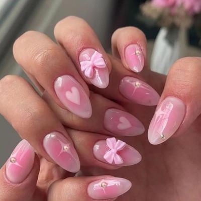 24 Pezzi Unghie Finte Press On Stile Francese Acrilico Lucido con Disegni di Fiocchi 3D Unghie Adesive per Donne e Ragazze