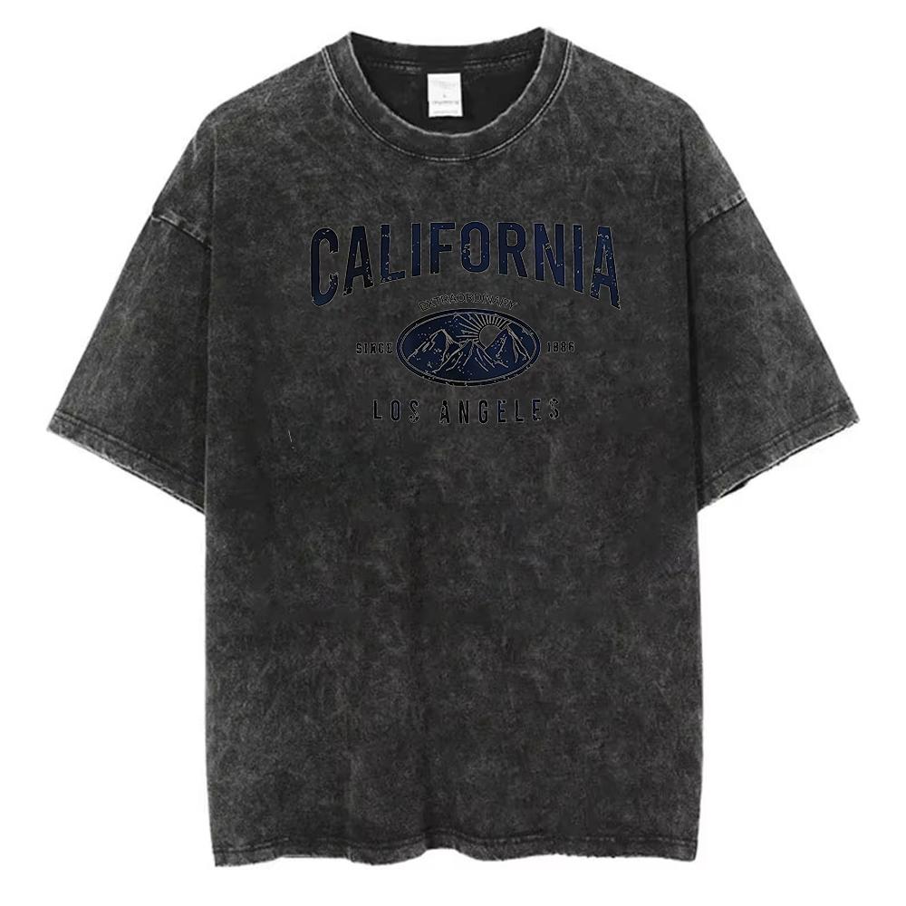 Vintage gewaschenes Baumwoll-T-Shirt Herren Kalifornien Los Angeles 89 Grafik-T-Shirt Retro Varsity-Stil Streetwear Säurewäsche Lockerer Sitz Oberteil
