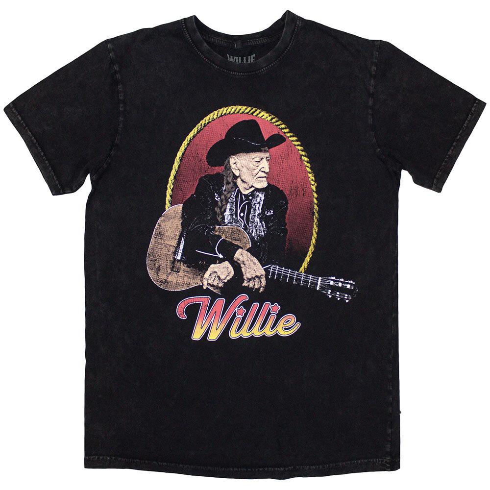 Willie Nelson Unisex Stone Wash T-Shirt: Lasso Portrait (Large) L