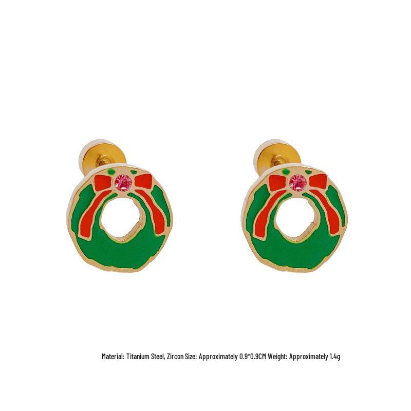 Elegant Green Bow Wreath Spiral Stud Earrings - Compact and Unique Christmas Collection