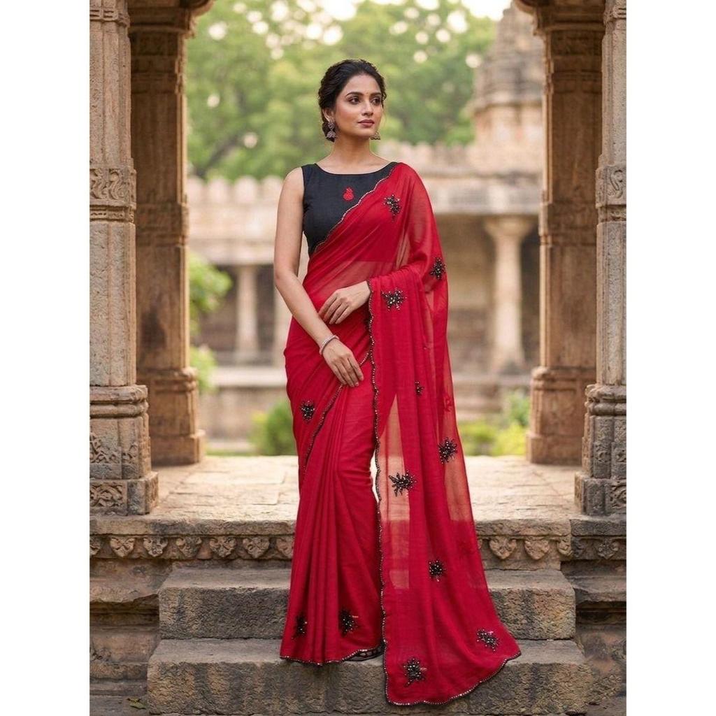 NEW LAUNCH | Rich Star Georgette Soft Silk Saree with Floral Embroidery & Cutwork Border