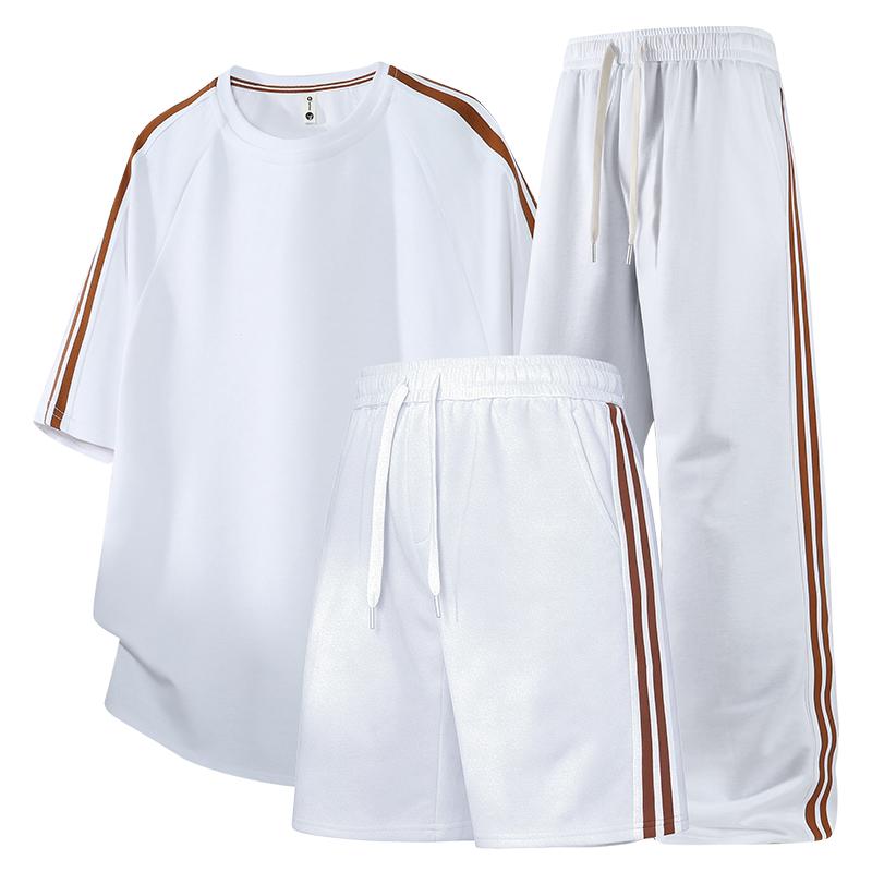 

Sports Suit Striped T-shirt Trousers Three-piece Suit For Men Versatile Loose Five-quarter Pants Casual Suit For Men 3XL білий