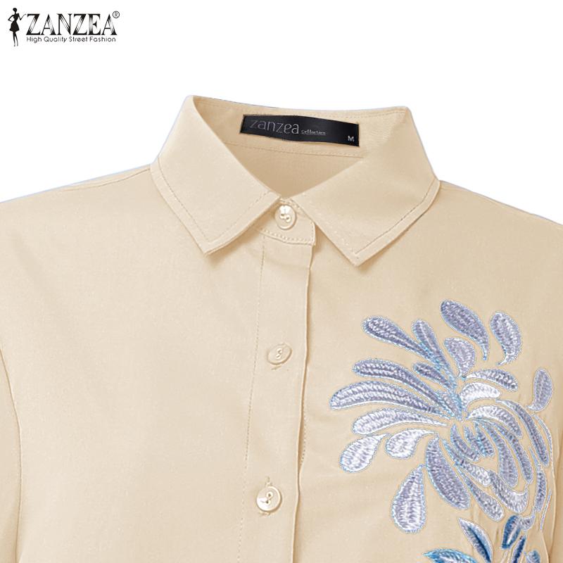 ZANZEA Women Casual Turn Down Collar 3/4 Sleeve Loose Embroidered Shirt Dress
