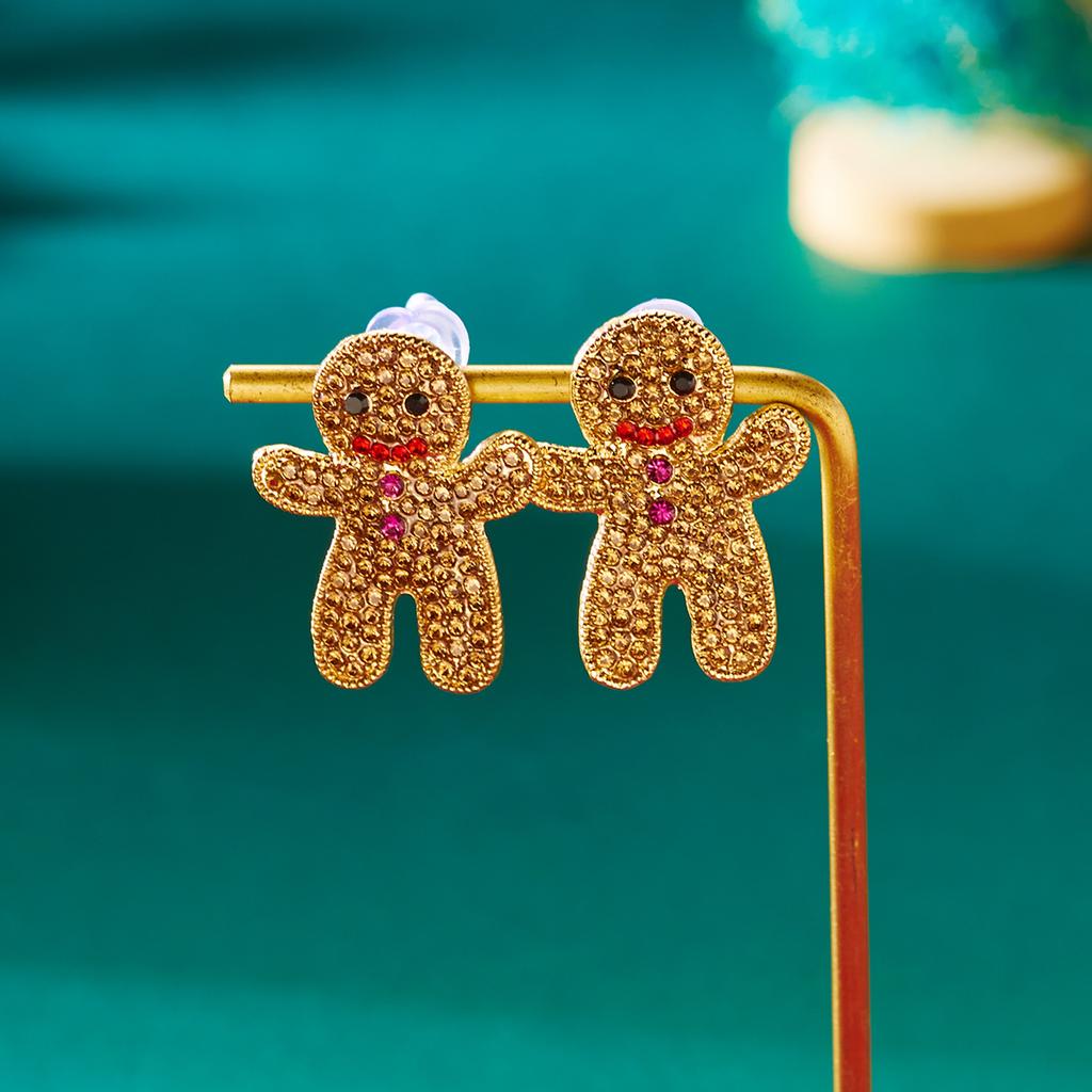Cute Christmas Gingerbread Man Stud Earrings for Women Girl Trendy Shiny Zircon Cartoon Cookies Earrings Xmas Party Jewelry Gift