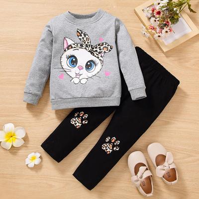 Girls' Autumn Long-Sleeve Cat Bow Two-Piece Suit - Fashionable European and American Style