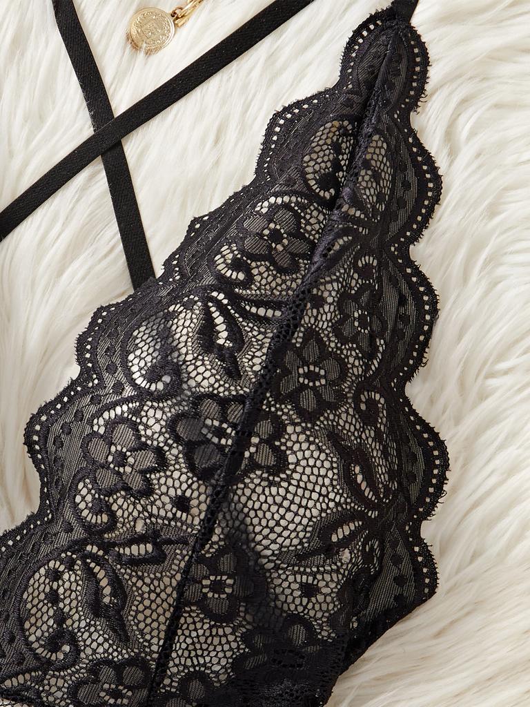 Sexy Lingerie Women Lace Hollow Bra Sets Erotic Costumes Babydoll Dress Deep V Backless Porn Women's Underwear Set Strapless