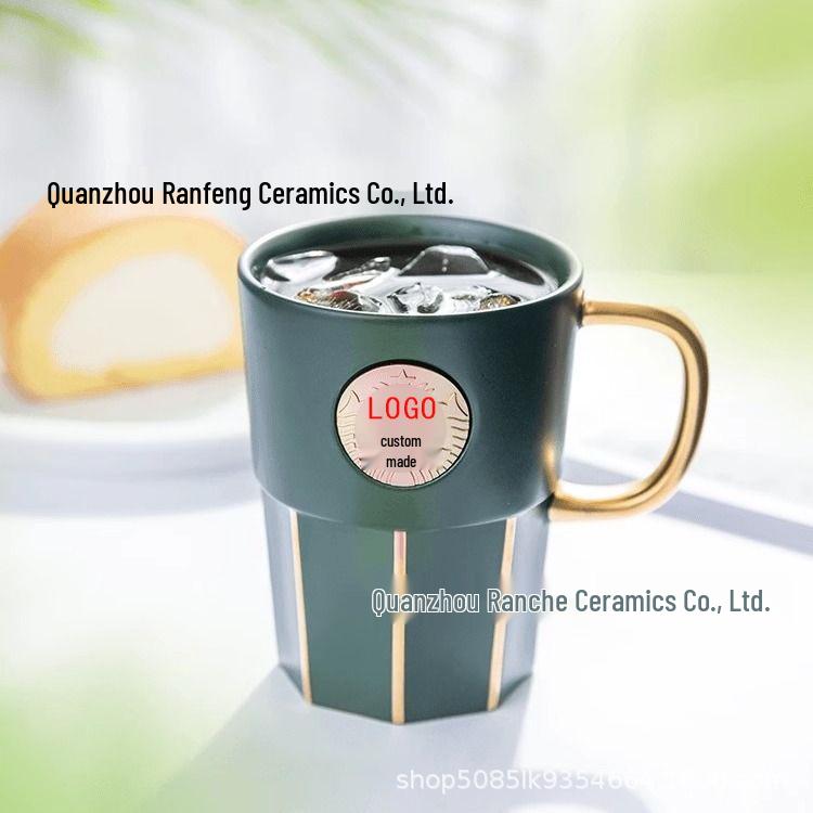 Starbucks Series Ceramic Coffee Mug with Dark Green Goddess Inscription and Copper Plate - Includes Gift Box. 390ml