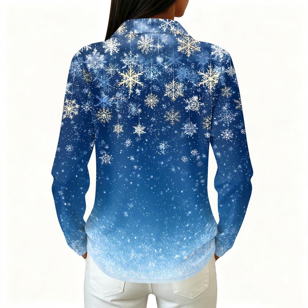 Women's Casual Long Sleeve Christmas Print Button Front Top with Collar and Side Slits