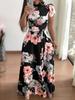 Women's Casual Printed Tie-Strap Maxi Dress Short Sleeves Dress