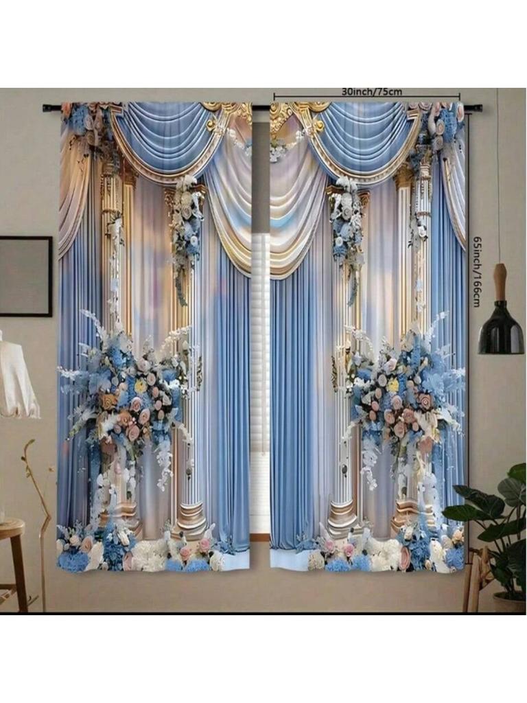 2 Pieces of Light Blue Flower Wedding Printed Curtains, Pole Bag Curtains 42*84, Home Decoration, Room Decoration
