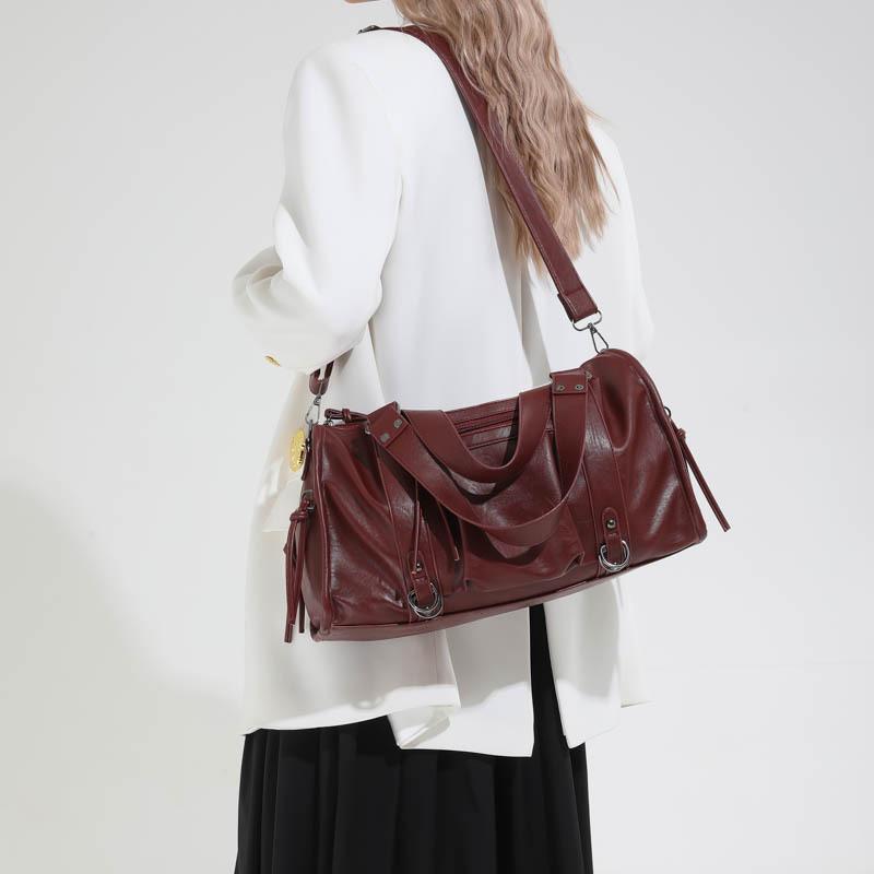 Faux Leather Duffel Bag Women's Fashion Shoulder Tote with Front Zip Pocket