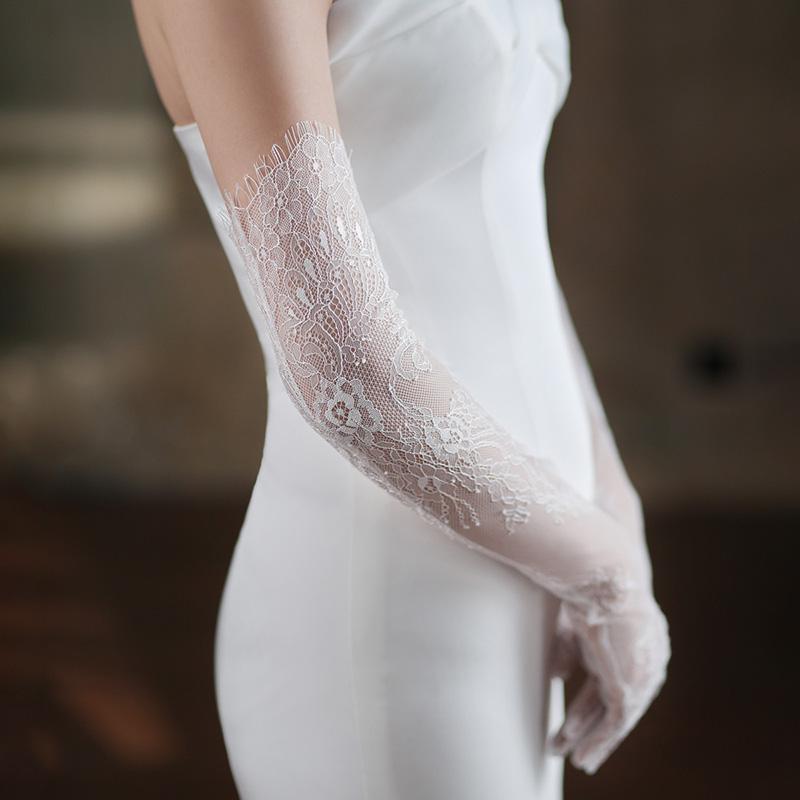 Tulle Bridal Wedding Elbow Opera Party Costume Accessories Thin Transparent Hollow Out White Long Lace Sexy Mesh Eyelash Gloves