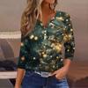 Women's Fashion Casual Christmas Tree Print V-Neck Decorative Button Three-Quarter Sleeve T-Shirt Top