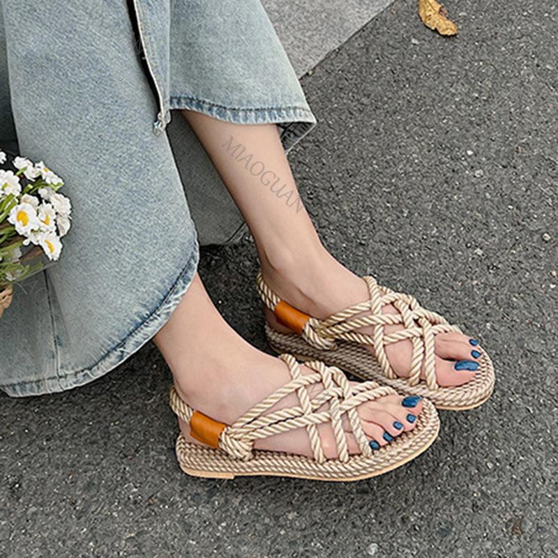 Fashion 2025 Summer Women's Hemp Rope Woven Sandals Roman Rainbow Color Bohemian Straw Flat Sandal Casual Slip On Beach Shoes for Women