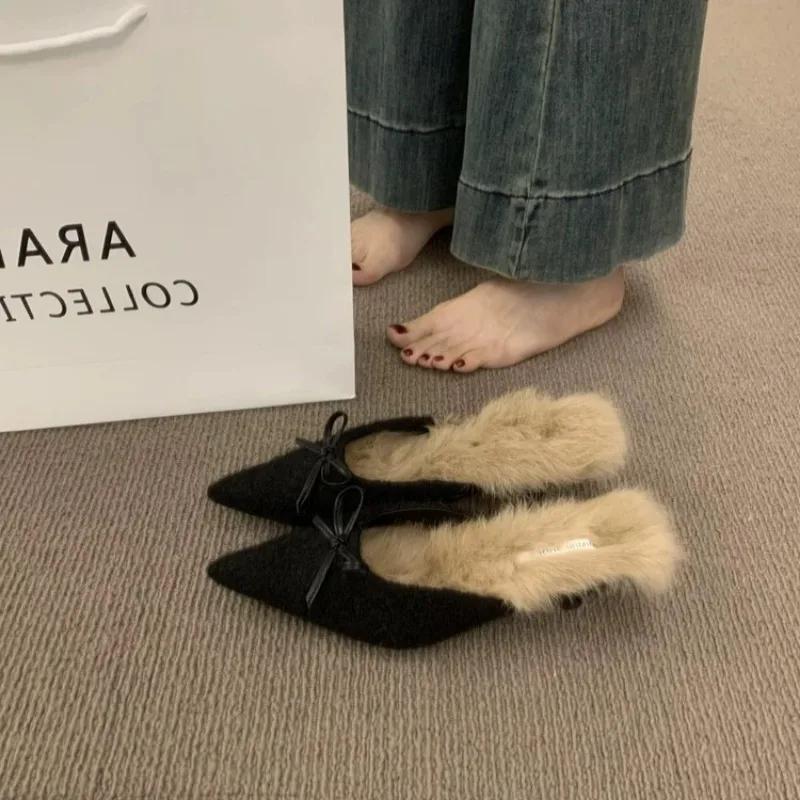 Fashion 2025 High Heel Plush Slides Woman Fashion Elegant Pointed Toe Lamb Hair Slippers Ladies Luxury Plush Evening Party Pump Shoes