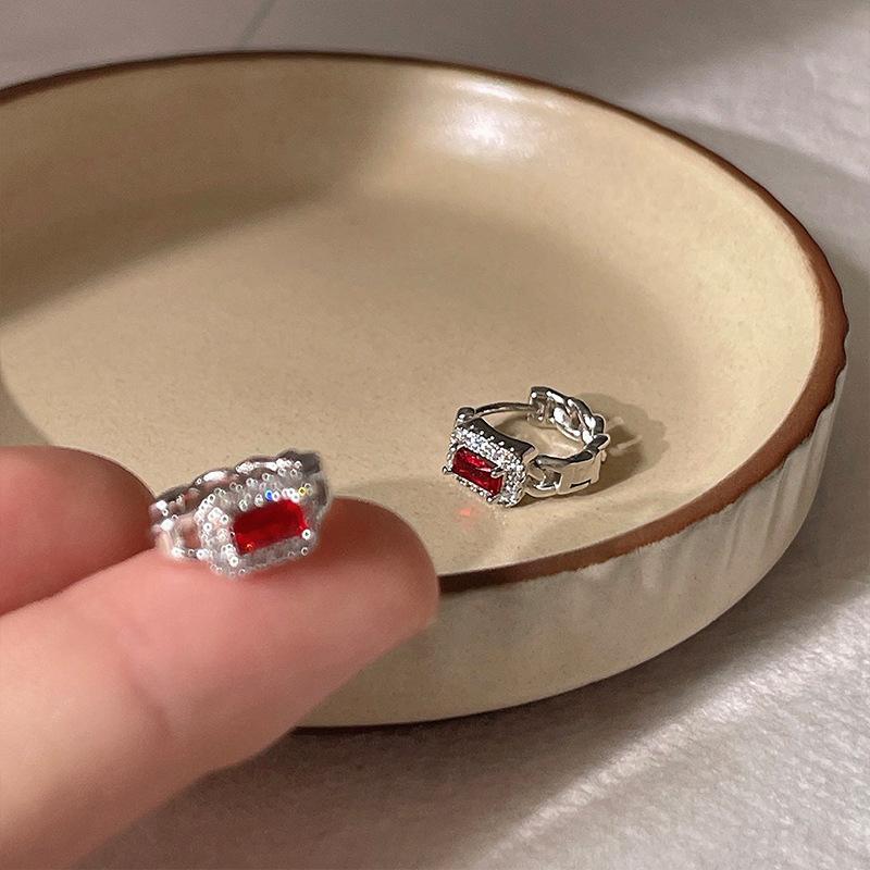 Red Zircon Ear Buckle Women's Light Luxury Temperament Fashion Geometric Earrings Earrings