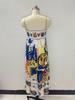 In Stock 2026: Graffiti Print Wide Hem Spaghetti Strap Dress for Women - Casual European & American Style