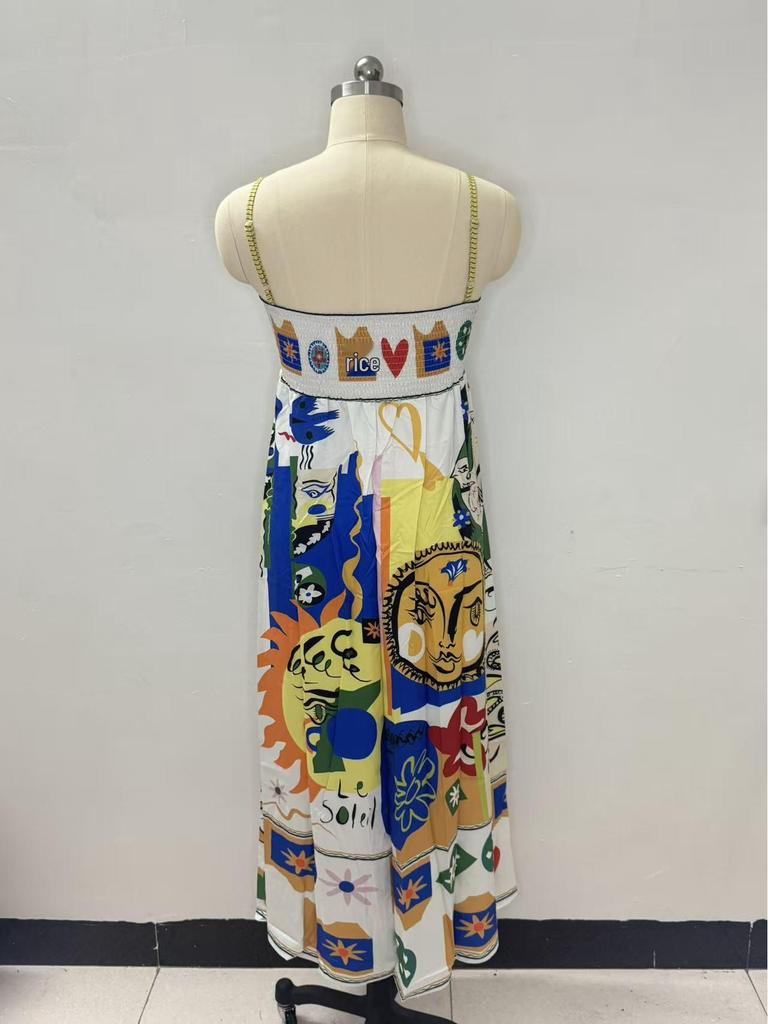 In Stock 2026: Graffiti Print Wide Hem Spaghetti Strap Dress for Women - Casual European & American Style
