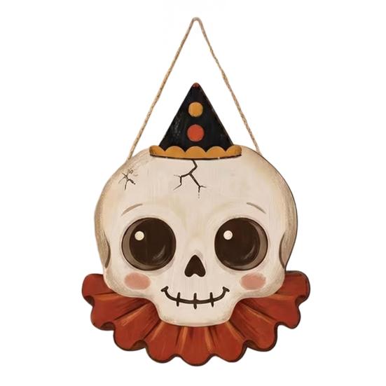 Rustic Wood Skull Decor Halloween Wooden Hanging Pendant with Lanyard, Retro Ghost/Pumpkin/Skull/Black Cat Holiday Yard Accents Decorations for Front