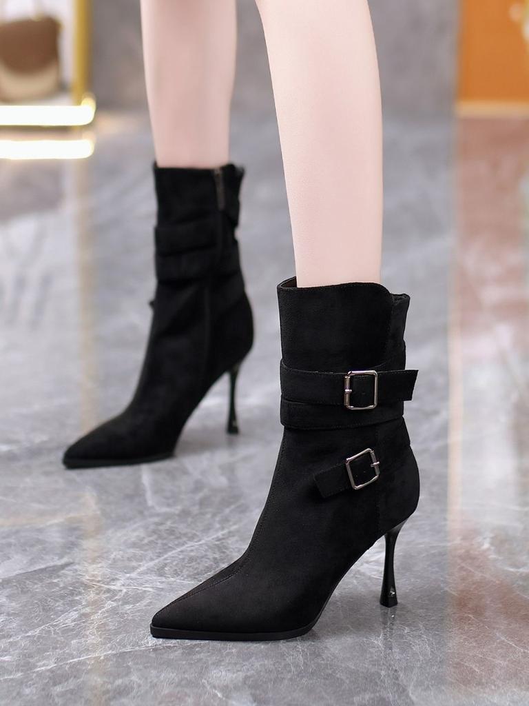 Retro pointed short boots femininity metal fashion boots 2025 autumn and winter new high-heeled thin boots thin-heeled bare boots