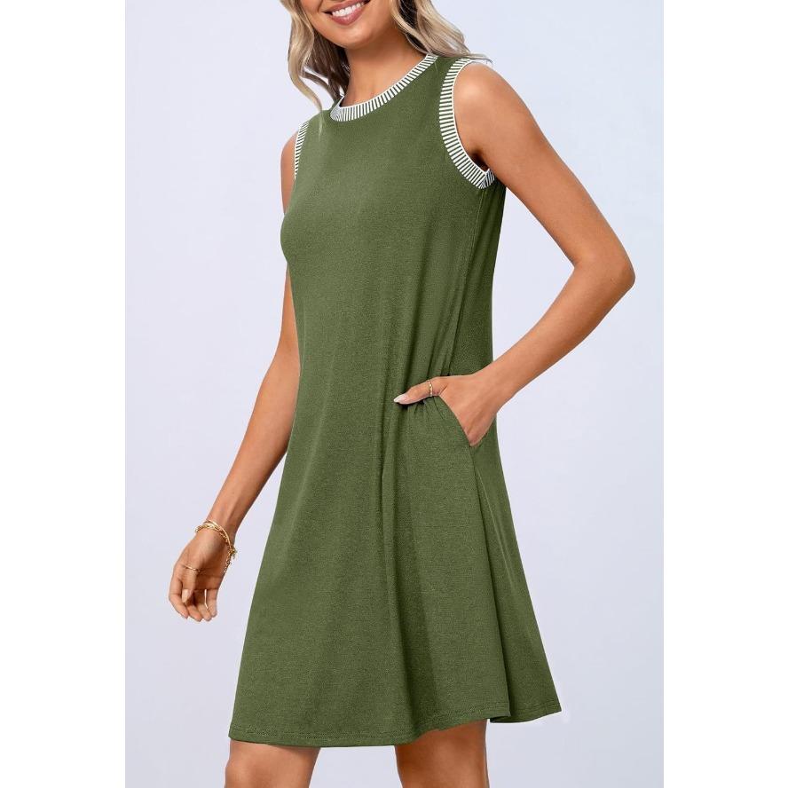 YYFS Women's Fashion Summer Spring Solid Color Print Sleeveless O-Neck Loose Waistline Casual Dresses