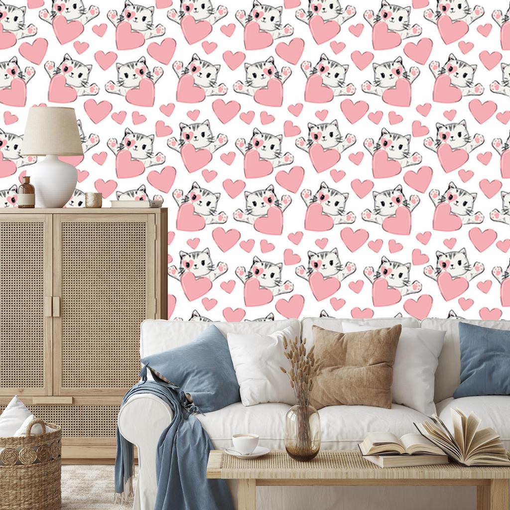 Little kittens and hearts wallpaper for living room and bedroom 50x1000