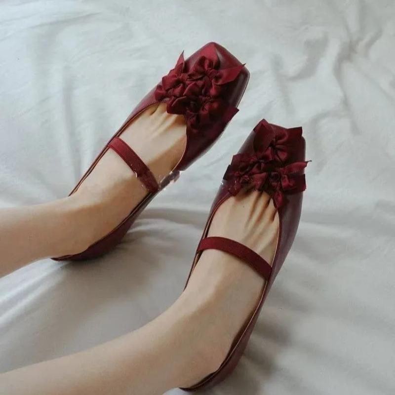 Square Toe Shallow Mouth Low Heel Single Shoes Women's Fashion Bow Soft Sole Non-Slip Slip Strap Low Top Shoes
