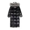 Veste en coton noir brillant longueur genou pour femme 2025 avec col en fourrure