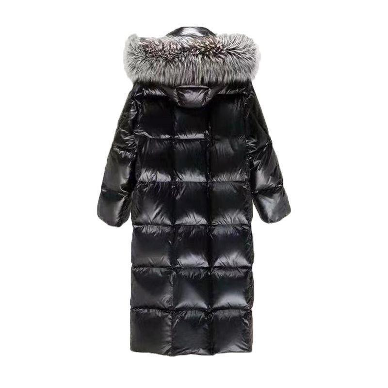 Veste en coton noir brillant longueur genou pour femme 2025 avec col en fourrure