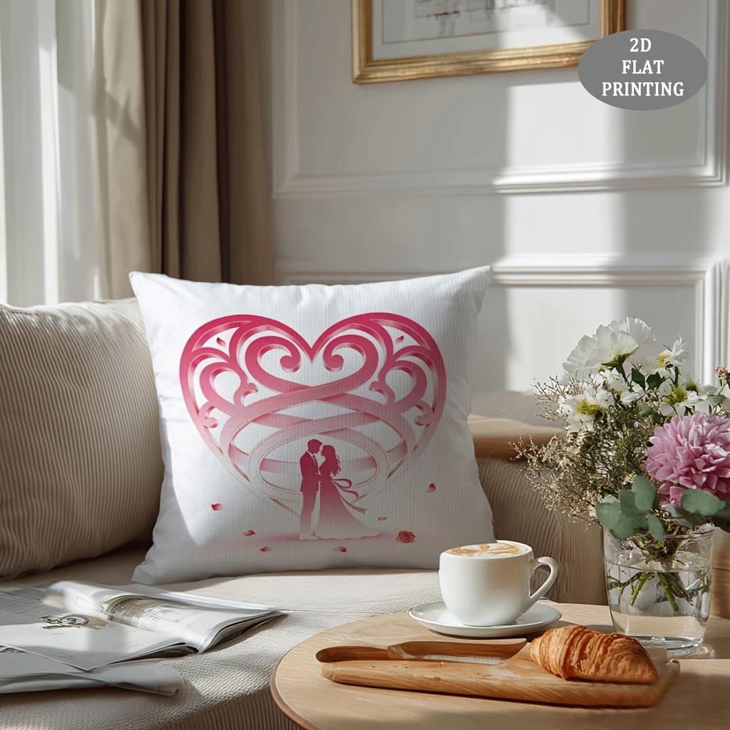 1pc Red Heart-Shaped Petal Pattern Plush Throw Pillow Cover | 2D Flat Printing, Single-Sided, 18x18 inch, Suitable for Sofa and Living Room Decor